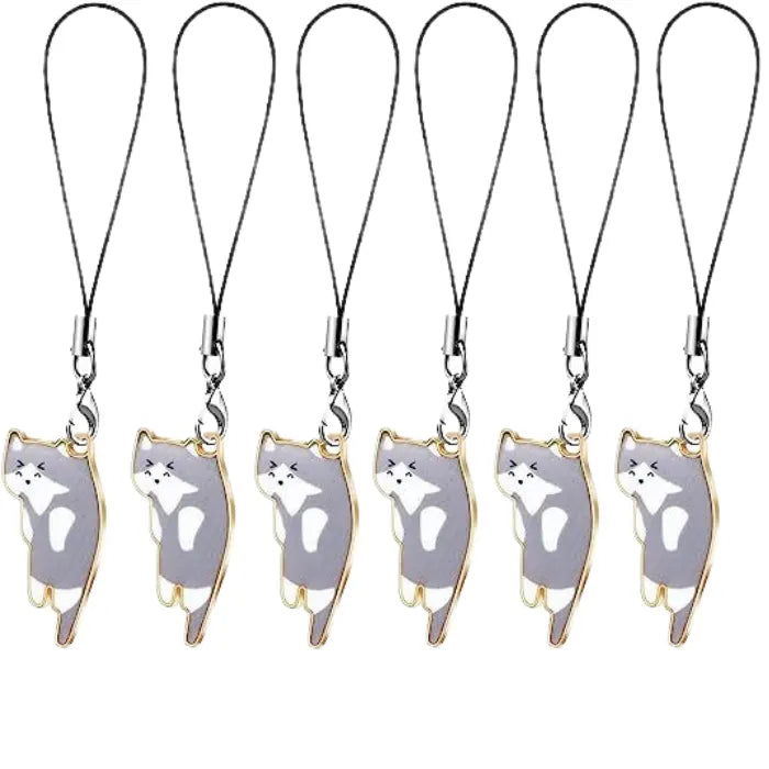 cat phone charm set with gray and white kitten charms on black straps