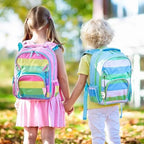 cat phone charm attached to kids’ colorful backpacks outdoors
