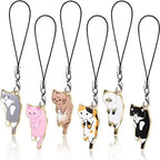 cat phone charm set featuring six colorful kitten designs with black hanging straps