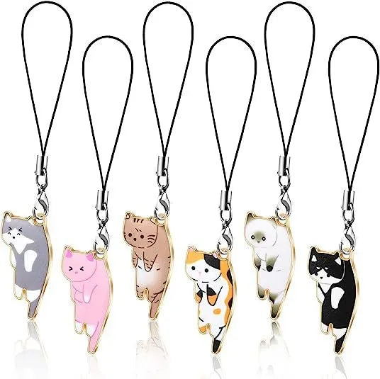 cat phone charm set featuring six colorful kitten designs with black hanging straps