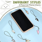 cat phone charm set of six styles arranged around a smartphone