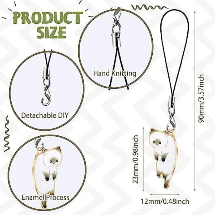 cat phone charm size guide showing measurements and detachable strap features