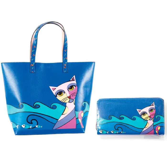 Designer cat print matching set featuring blue leather tote bag and wallet with coordinated ocean wave and fish artwork pattern