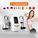 Cavitation Body Massager system with 9-language support and slim woman posing beside it
