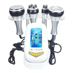 Cavitation Body Massager with complete accessory heads connected and language selection on screen