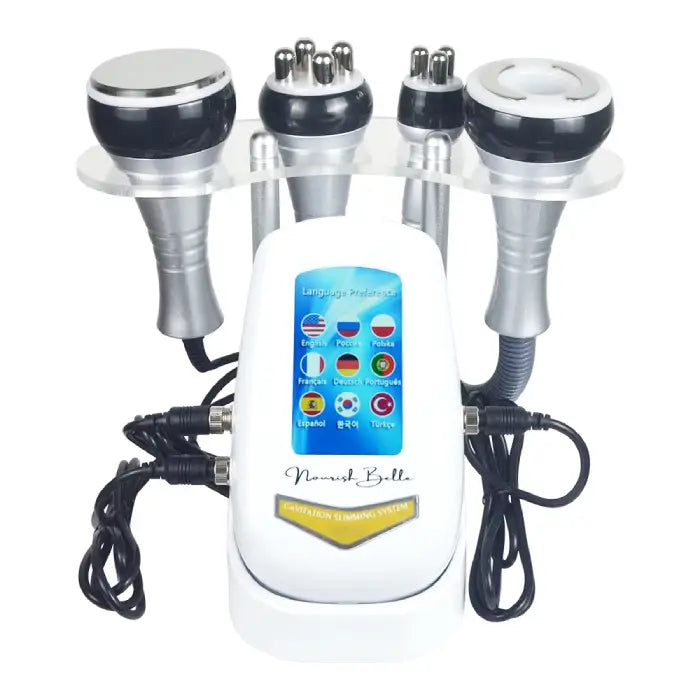 Cavitation Body Massager with complete accessory heads connected and language selection on screen