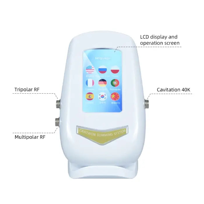 Cavitation Body Massager front with LCD screen and labeled RF and 40K cavitation ports