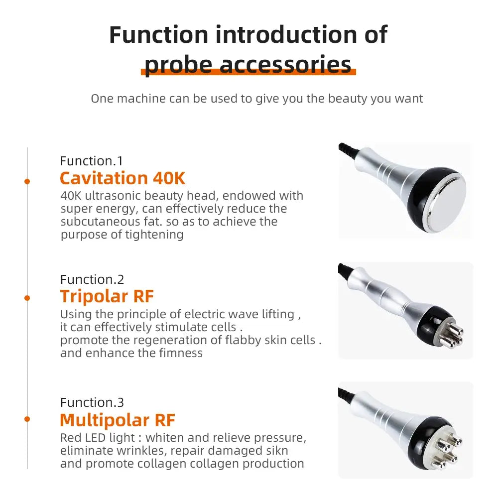 Cavitation Body Massager accessory probe functions for cavitation, tripolar, and multipolar RF