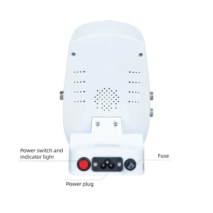Cavitation Body Massager back panel showing power plug, fuse, and indicator light
