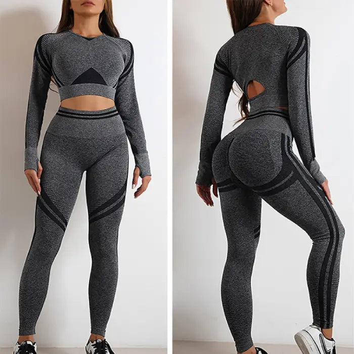 Women's seamless activewear charcoal set with sculpted design and high-waisted yoga leggings, back view.