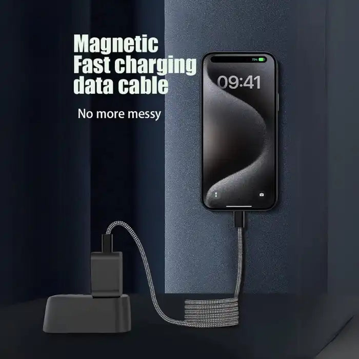 Charging cable with magnetic fast charging technology connected to smartphone, displaying neat coil arrangement against blue background