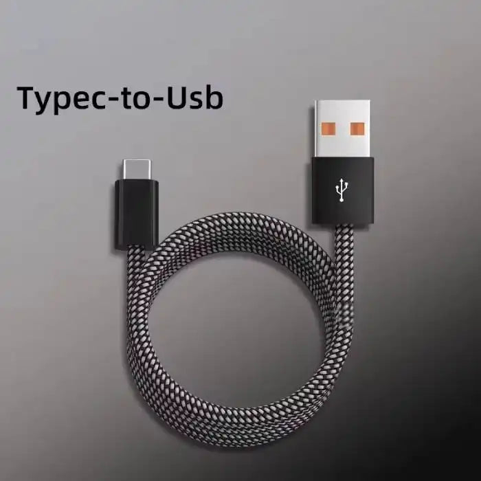 Charging cable with USB-C to Lightning connection featuring premium black nylon braiding for iPhone compatibility