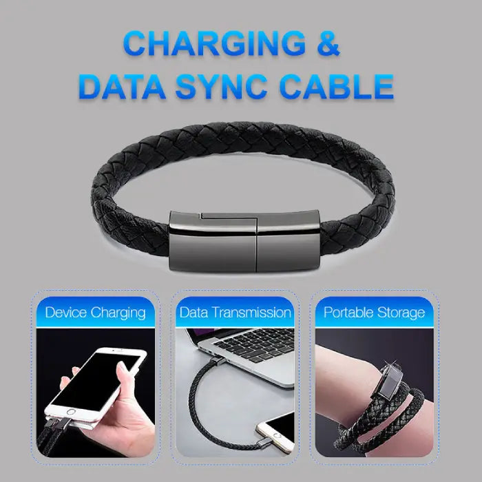 Stylish charging and data sync cable bracelet with USB connector for portable device charging.