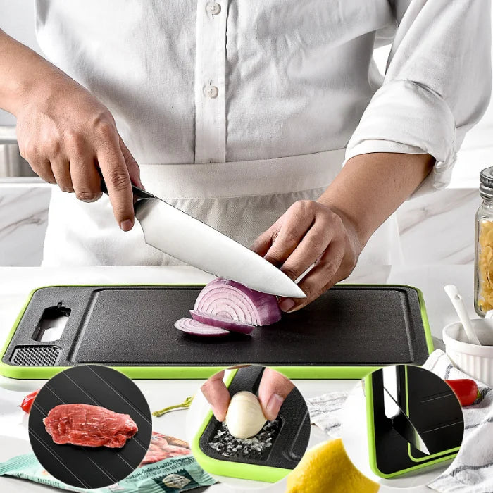 Chef demonstrates onion cutting on a green-bordered black cutting board.