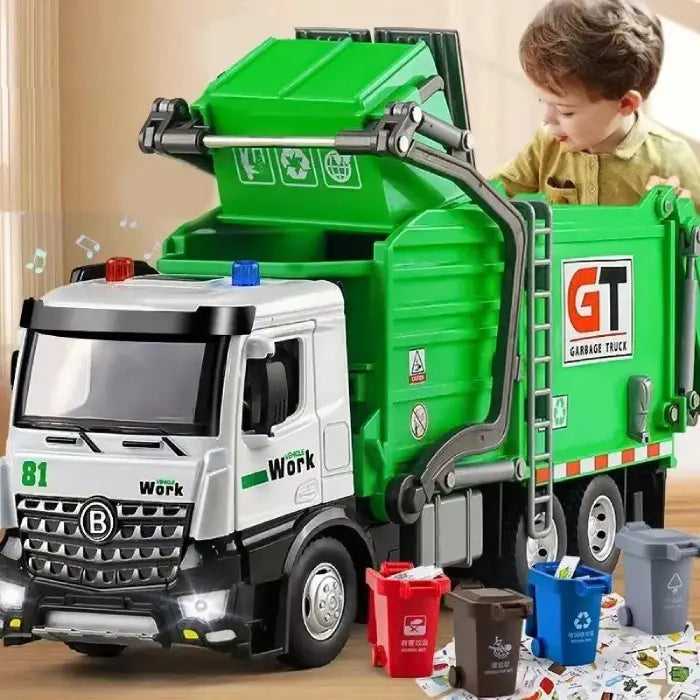 Child playing with toy garbage truck and recycle bins, promoting interactive learning and fun.