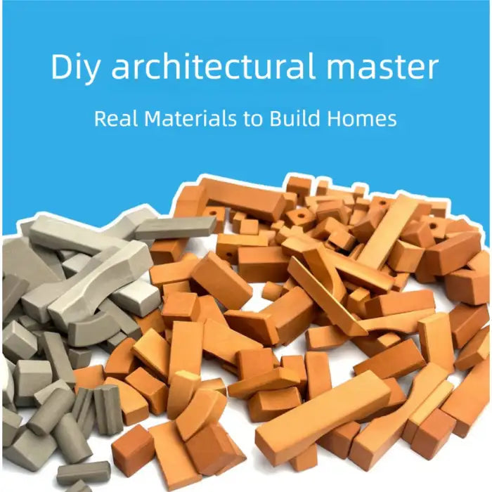 Children Puzzle real miniature materials including assorted terra cotta bricks for creative building.