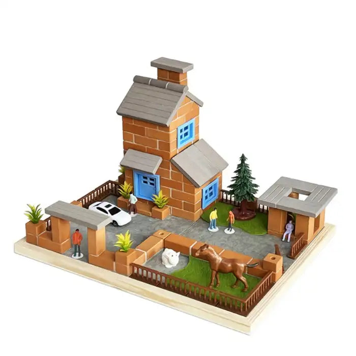 Children Puzzle DIY miniature house with realistic building blocks, horse, and car in a fenced yard.
