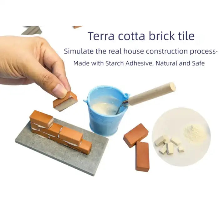 Children Puzzle simulation of real wall building using starch glue and small realistic bricks.