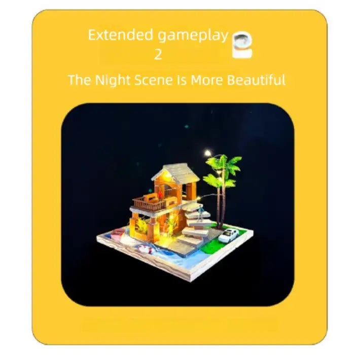 Children Puzzle illuminated house model showcasing night scene with palm trees and glowing lights.