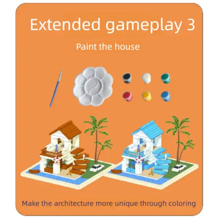 Children Puzzle kit showing colorful painting options for customizable miniature house designs.