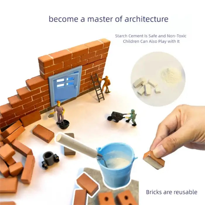 Children Puzzle construction set using safe, starch-based cement and reusable red bricks
