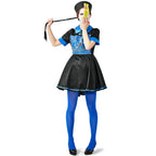 Chinese vampire Halloween costume with black dress, blue trim, and talisman.