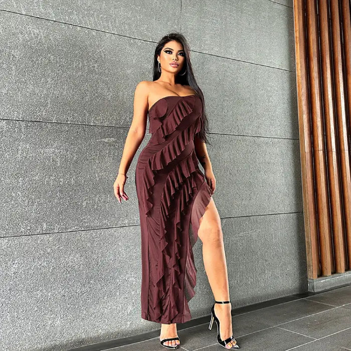 Women's chocolate brown backless tube top party dress with front split and ruffle tassel layers.