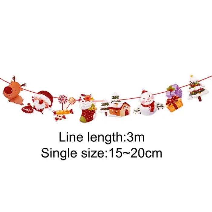 Christmas Banner featuring snowman, reindeer, Santa, house, candy, and gifts on festive 3m string garland.