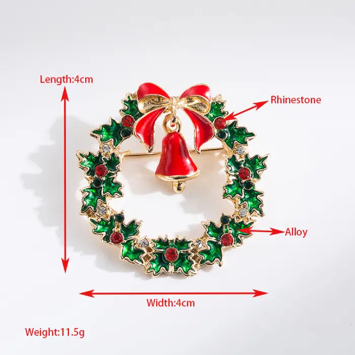 Christmas brooch with red bell and wreath shown with size, weight, and material specifications