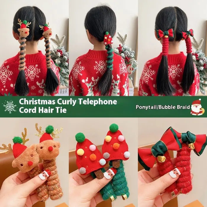 Multiple styles of Christmas curly hair ties shown on pigtails and close-up, featuring reindeer and tree designs.