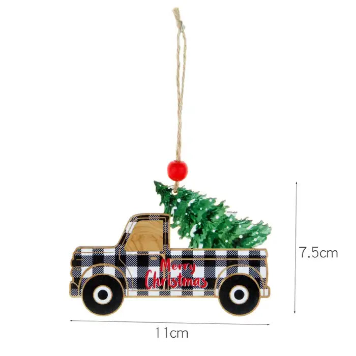 Christmas Decorations black plaid truck ornament featuring a green Christmas tree in the truck bed.