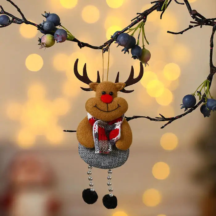 christmas decorations elderly reindeer plush ornament with red nose scarf and dangling legs on branch