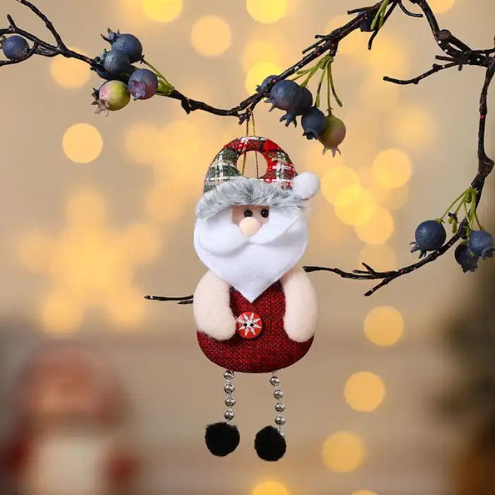 christmas decorations elderly santa plush ornament hanging on branch with glowing festive background