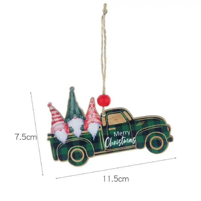 Christmas Decorations green plaid truck ornament carrying three gnomes with festive hats.