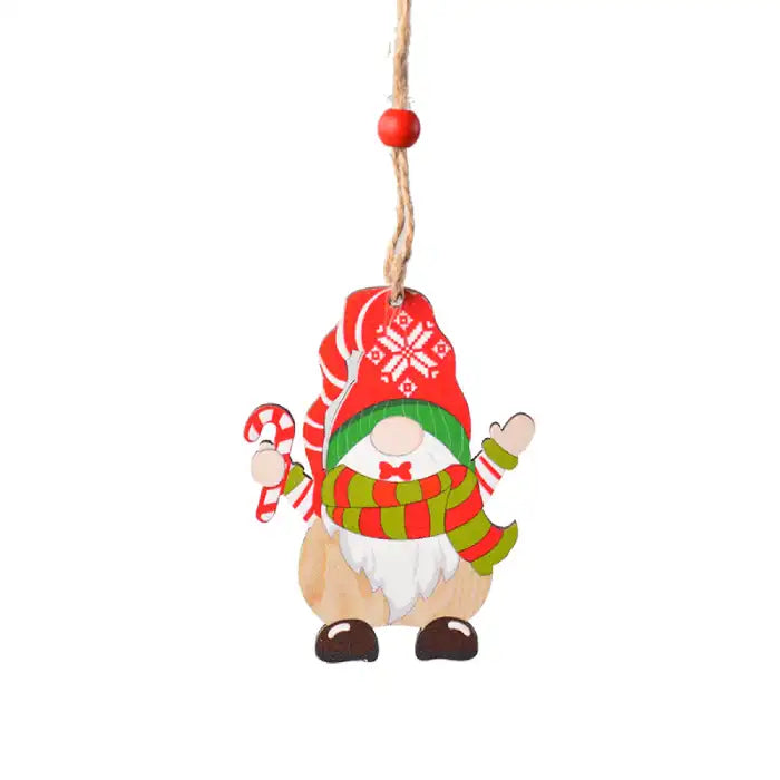christmas decorations painted gnome ornament holding a red candy cane wearing red hat and striped scarf