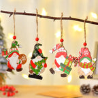 christmas decorations painted wooden gnome ornaments hanging on twine with gifts wreaths and festive hats