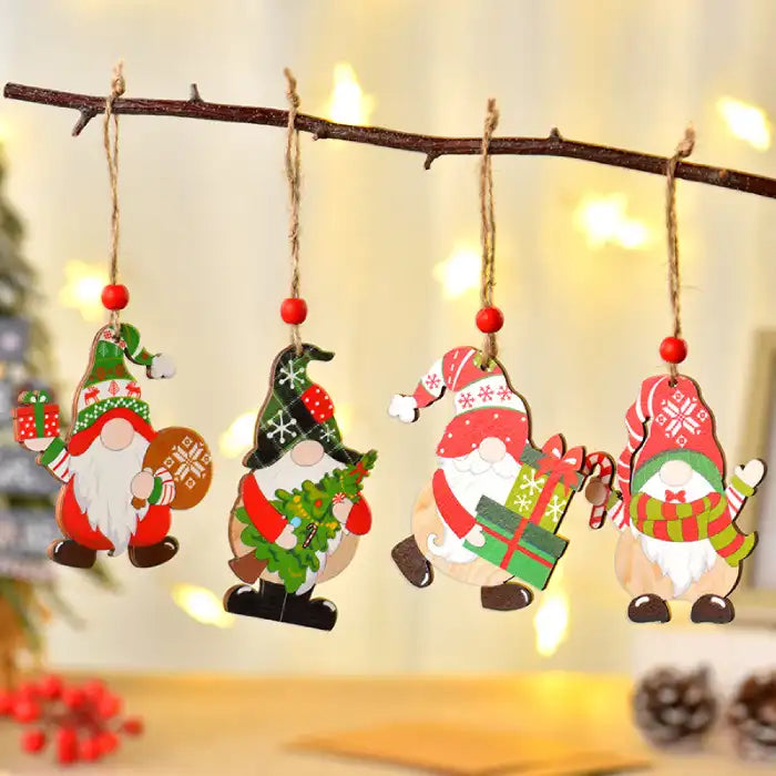 christmas decorations painted wooden gnome ornaments hanging on twine with gifts wreaths and festive hats