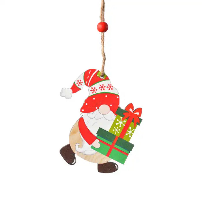 christmas decorations painted gnome ornament carrying stacked green presents with red bows on hanging twine
