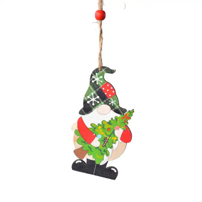 christmas decorations painted gnome ornament wearing green hat holding a decorated holiday wreath with candy cane