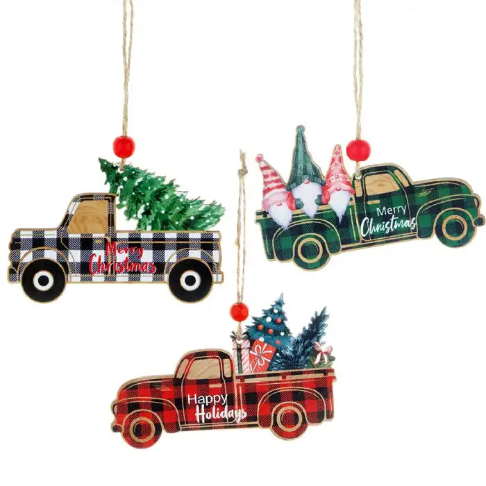 Christmas Decorations with three plaid pickup truck ornaments featuring trees and gnomes hanging on twine.