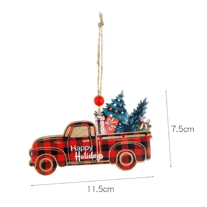 Christmas Decorations red plaid truck ornament with gifts and a Christmas tree in the truck bed.