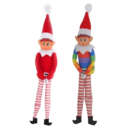 Two shelf elves standing together - one in classic red and one with rainbow-colored sleeves