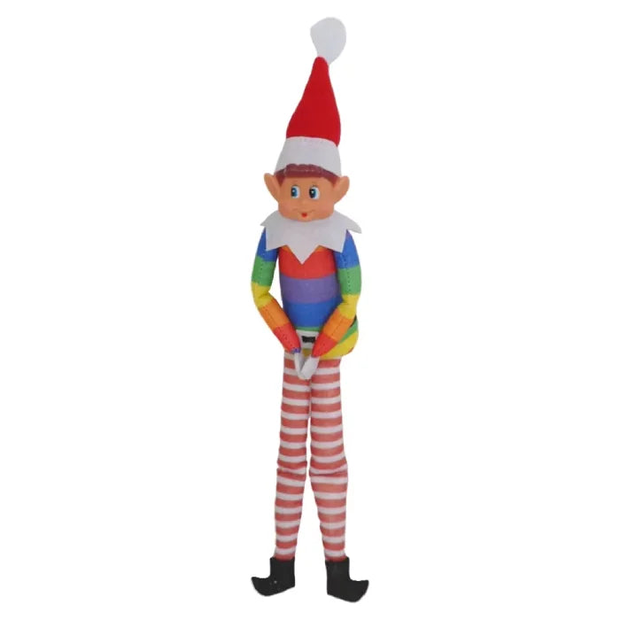 Holiday elf doll with rainbow-colored sleeves, red and white striped legs, and traditional pointed hat