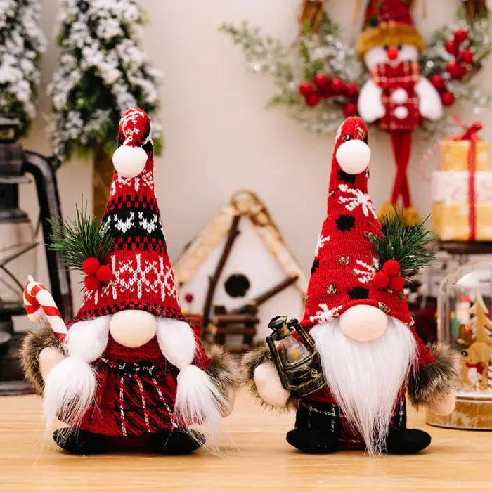 Christmas gnomes with red knit hats, white beards, and festive accessories amid holiday decorations and snowy pine branches