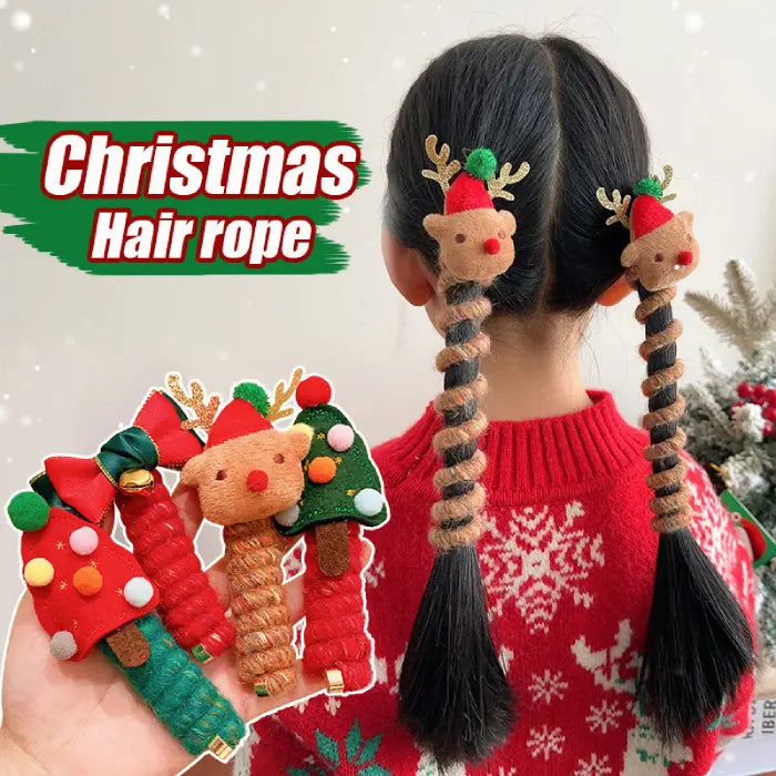 Girl wearing Christmas-themed reindeer hair ropes styled into pigtails, with festive red and green design.