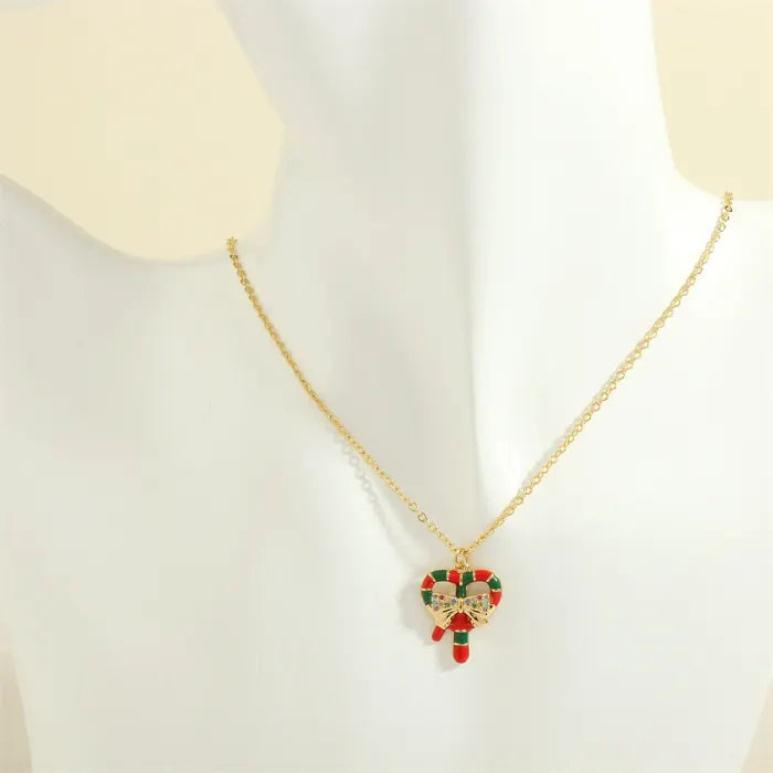 christmas jewelry gold necklace with red and green candy cane heart charm