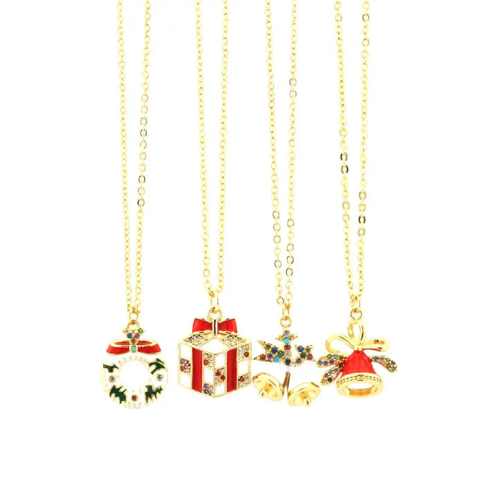 christmas jewelry set of gold necklaces with wreath gift snowflake jingle bell and bell charms
