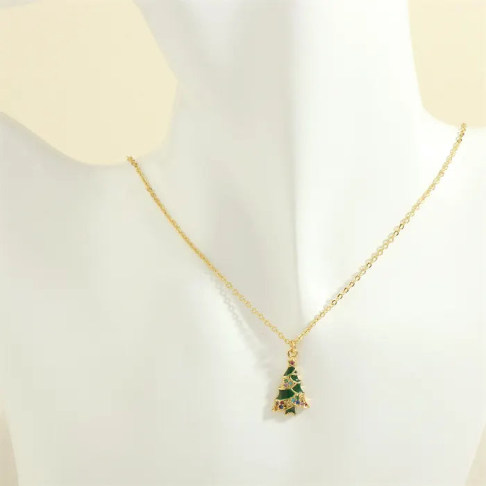 christmas jewelry gold necklace with green christmas tree charm
