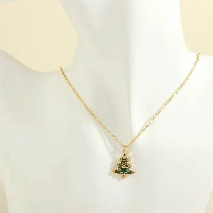 christmas jewelry gold necklace with green christmas tree pendant