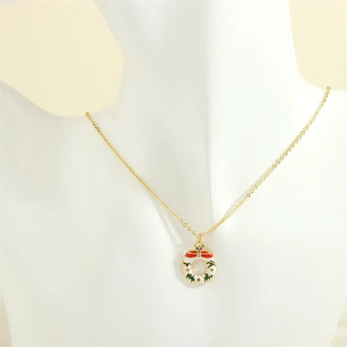 christmas jewelry gold necklace with white enamel holly wreath pendant